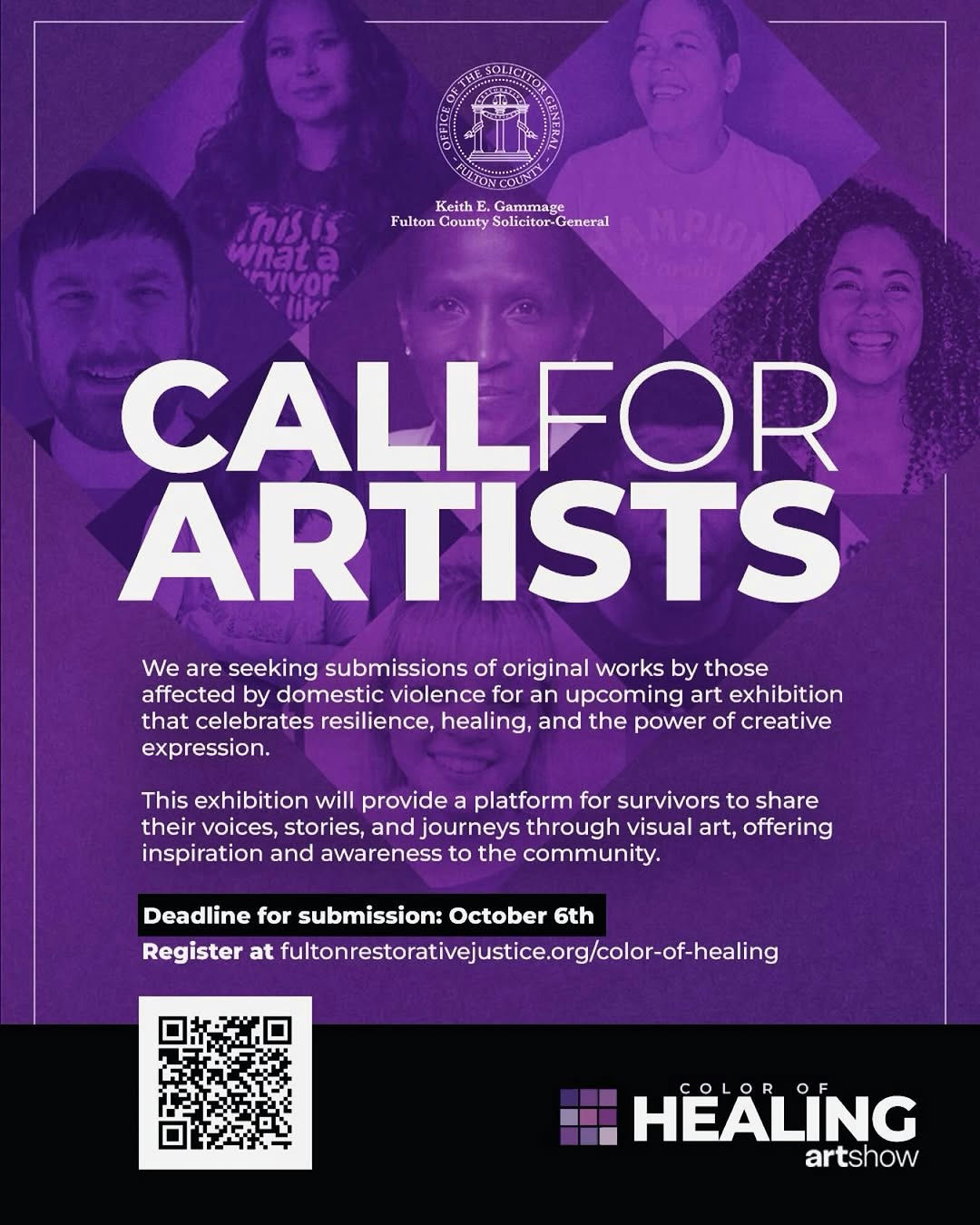 “Every brushstroke tells a story. Every color holds a journey. 🎨✨  We’re inviting those directly or indirectly affected by domestic violence to share their art in an upcoming exhibition — a space to honor resilience, healing, and the power of expression. 💜 Your art matters. Your voice matters. Your story matters.  📅 Submit by October 6, 2026 | Register at www.fultonrestorativejustice.org/color-of-healing/
