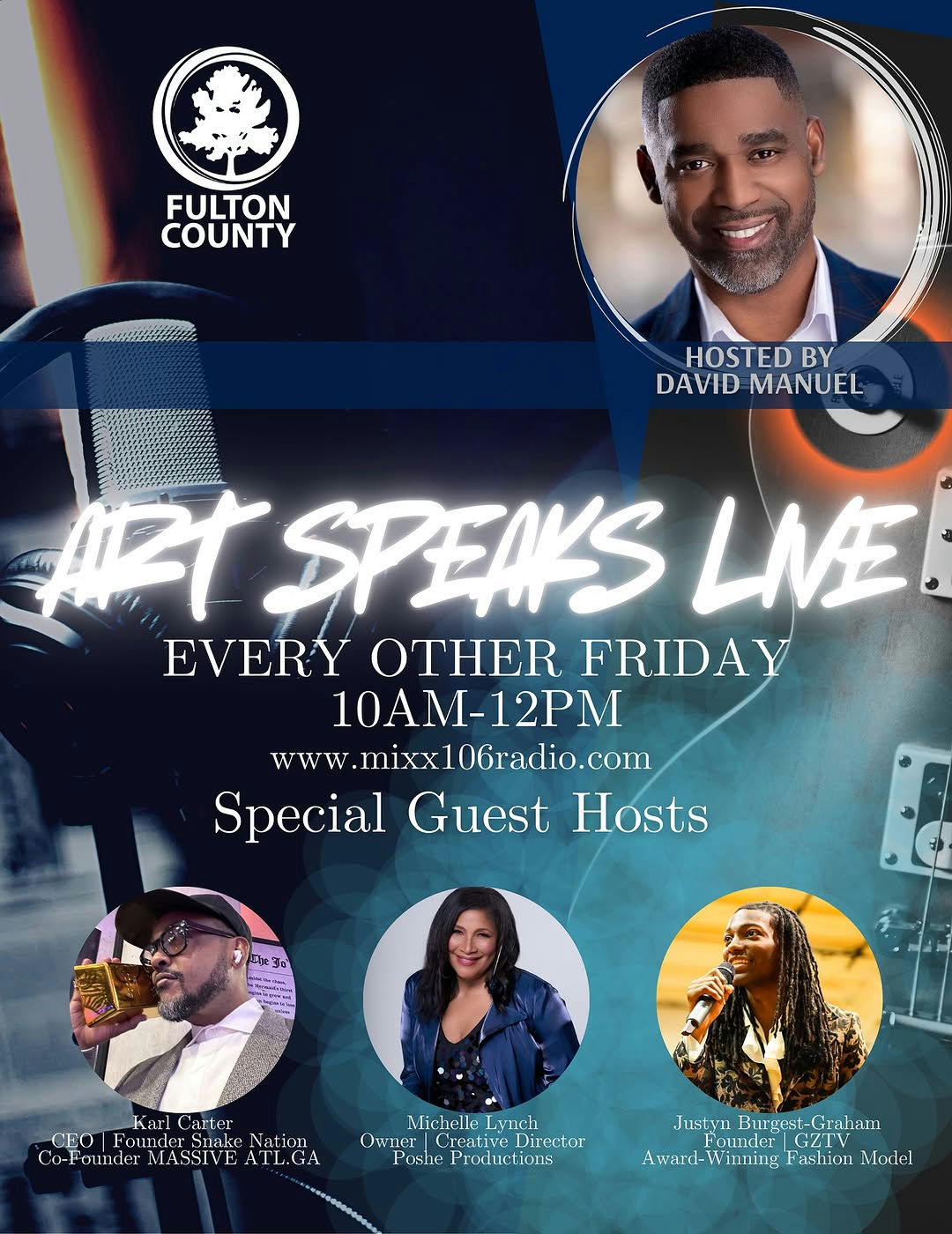 Experience the vibrant art scene like never before at ArtSpeaksLive on September 26th, 2025, from 10 AM to 12 PM. Join @therealdavidmanuel and an exciting lineup of guest hosts to explore creativity and inspiration. Tune in to www.mixx106radio.com for a lively discussion about the arts community! Friday, September 26, 2025 10AM-12PM @fultonarts @facefultoncounty @mixx106radio Guest hosts: @karlito218 @snakenation.co @massivegoglobal @posheproductions @jfettihoncho