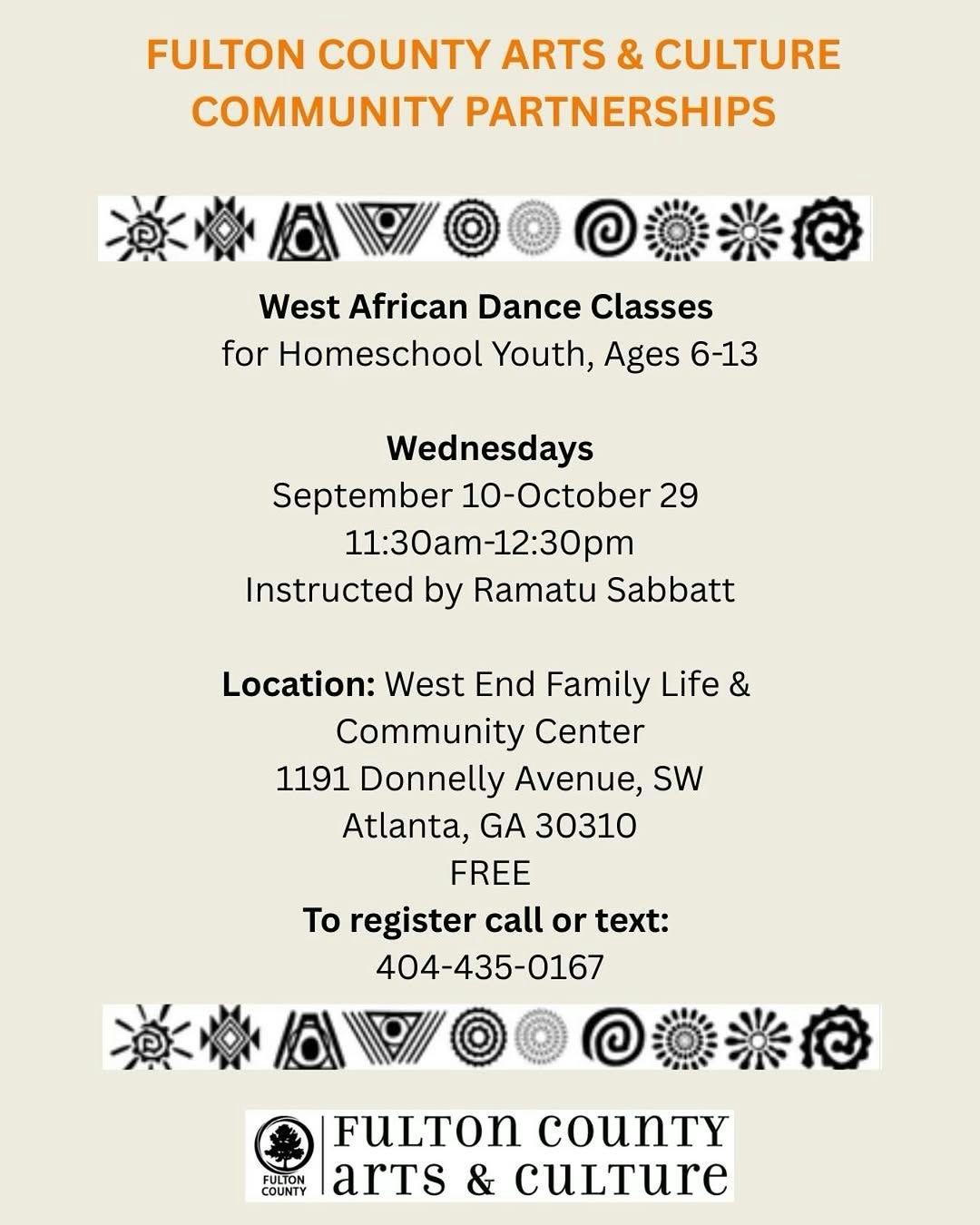Attention homeschool scholars aged 6-13! Join the vibrant West African Dance classes at West End Life & Community Center this fall. Enjoy engaging sessions every Wednesday from September through October. It's a fantastic opportunity to learn new moves, make friends, and have fun while embracing culture!