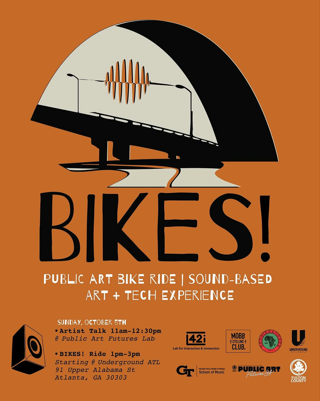 Join the excitement this #Biketober 2025 at the Public Art Futures Lab! This two part program envisioned by Georgia Tech School of Music’s L42i Lab that transforms electric cargo bikes into roving sound instruments. Info and links in @fultonpublicart bio! This special two-part program includes: • Artist Talk (11-12:30, Public Art Futures Lab @UndergroundAtlanta): featuring Kaffe Matthews @kaffematthews , Dom Whiting @dom_whiting , and Henrik von Coler in a global conversation about bikes, music, and sound-based public art. • Group Ride (1-3 PM): roll out from topside of Underground Atlanta through Midtown ending up at the Beltline with MOBB Cycling Club, Red Bike & Green Atlanta, and the BIKES! fleet. All levels welcome, no one left behind. Discover how sound, technology, and movement can transform the way we experience our city. Presented by Public Art Futures Lab, Fulton County Arts & Culture, @gtschoolofmusic Georgia Tech School of Music, L42i, @edisonbicycles , @underground_atlanta , @mobbatl Cycling Club, and @redbikeandgreen Red Bike & Green Atlanta. 🔗 Info and RSVP link in @fultonpublicart bio ⚠️ Important Note: By registering for and participating in the BIKES! Group Ride, riders acknowledge that cycling involves inherent risks and agree to assume full responsibility for their participation. Participants release and hold harmless the event organizers, partners, and affiliates from any and all liability, claims, or damages that may arise from their involvement in the ride. All riders are expected to follow traffic laws and ride safely at their own risk. Children are welcome but must be accompanied by a parent or guardian.