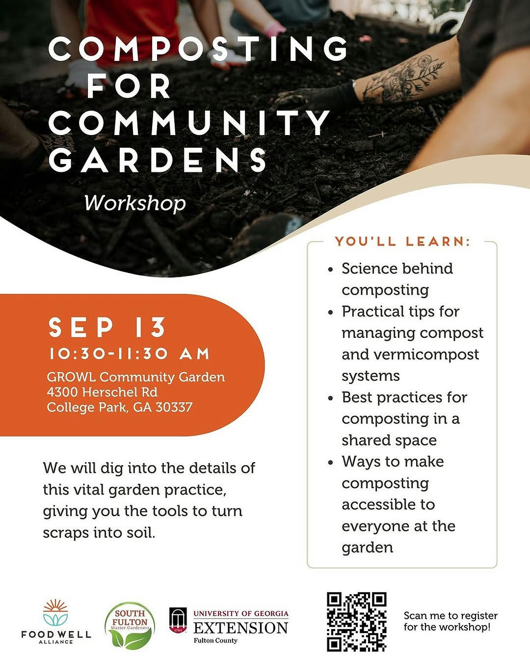 Explore the art of composting and transform your Community Garden into a thriving ecosystem! Join Foodwell Alliance at GROWL Community Garden on September 13th to discover effective composting practices tailored for shared spaces. Don't miss this opportunity to enhance sustainability in your community! Register here: https://www.eventbrite.com/e/composting-for-community-gardens-workshop-tickets-1607721812219?utm-campaign=social&utm-content=attendeeshare&utm-medium=discovery&utm-term=listing&utm-source=cp&aff=ebdsshcopyurl