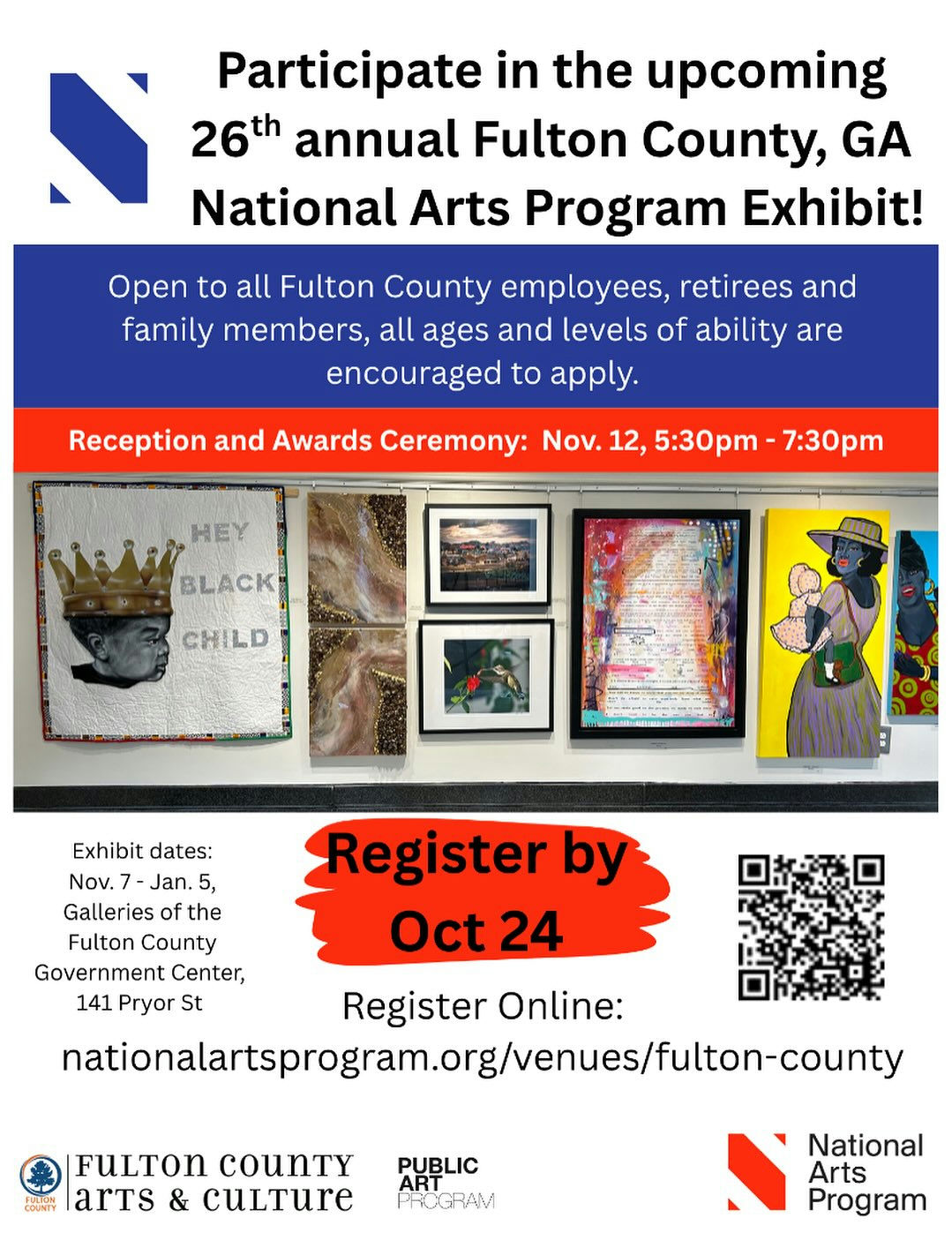Fulton County is buzzing with creativity! The 26th Annual National Arts Program Exhibit invites all employees, retirees, and their families to showcase their artistic talents. Don't miss this chance to shine in the spotlight! 🖌️ Register by Oct 24, 2025 🖼️ Exhibit: Nov 7 – Jan 5 📍 The Galleries @ Fulton County Government Center, 141 Pryor St 🏆 Reception & Awards: Nov 12 | 5:30pm-7:30 PM #FultonArts #FCAC #NationalArtsProgram #FultonCounty #ArtExhibit #ArtistsOfFulton #CreativeCommunity